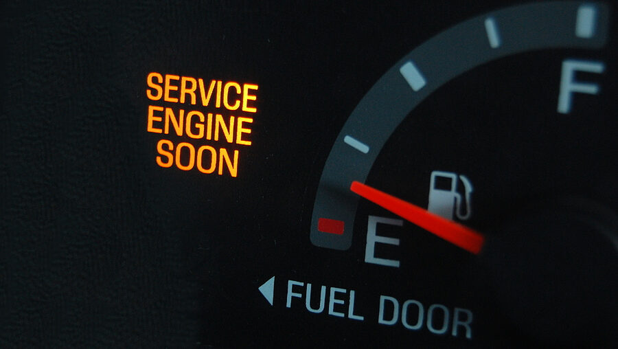 The check engine light on inside a vehicle